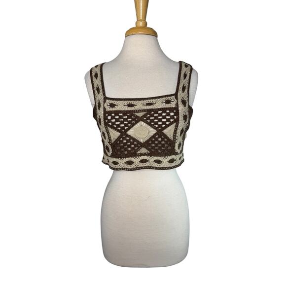 Crochet Boho Crop Top Brown & Cream Size Large Women’s SANS SOUCI Cotton Blend - Picture 1 of 8